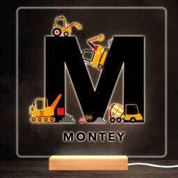 Construction Vehicles Alphabet Letter M Square Personalised Gift Night Light - Bedroom Lamp