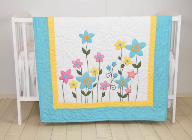 Flower Baby Quilt - Yellow Pink & Aqua Garden On Light White, Hand Embroidered, Appliqued, Art Crib Bedding Handmade Girl Blanket - image 1