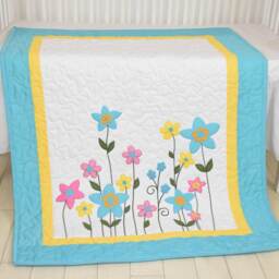 Flower Baby Quilt - Yellow Pink & Aqua Garden On Light White, Hand Embroidered, Appliqued, Art Crib Bedding Handmade Girl Blanket - thumbnail 3