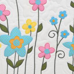 Flower Baby Quilt - Yellow Pink & Aqua Garden On Light White, Hand Embroidered, Appliqued, Art Crib Bedding Handmade Girl Blanket - thumbnail 2