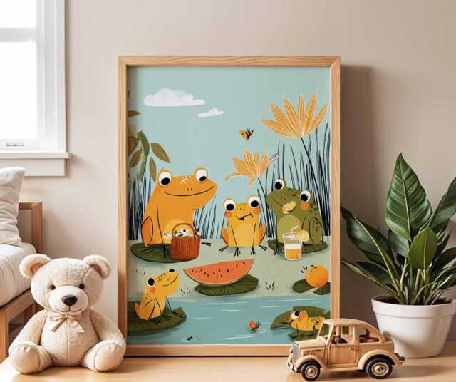 Frog Family Nursery Poster, Cute Animal Wall Art, Baby Room Decor, Kids Bedroom Print, Playroom Pond Picnic Artwork - image 1