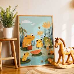 Frog Family Nursery Poster, Cute Animal Wall Art, Baby Room Decor, Kids Bedroom Print, Playroom Pond Picnic Artwork - thumbnail 2