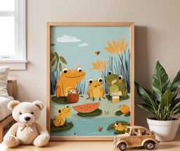 Frog Family Nursery Poster, Cute Animal Wall Art, Baby Room Decor, Kids Bedroom Print, Playroom Pond Picnic Artwork - thumbnail 1