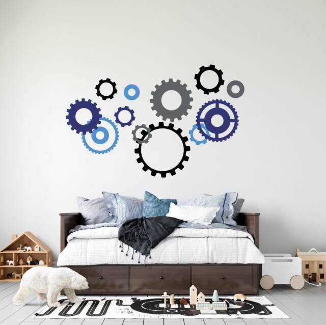 Robot Vinyl Wall Decals, Gears & Cogs Themed Room Decor, Removable Playroom Art Stickers, Colorful Silhouette Design, Stem Peel Stick - image 1