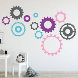 Robot Vinyl Wall Decals, Gears & Cogs Themed Room Decor, Removable Playroom Art Stickers, Colorful Silhouette Design, Stem Peel Stick - thumbnail 3