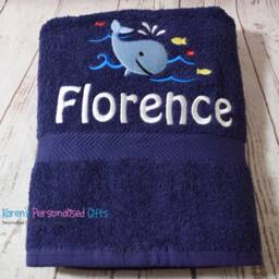 Personalised Kids Bath Towel, Navy Blue Whale Children's Swim Embroidered - Choice Of Colours - thumbnail 2