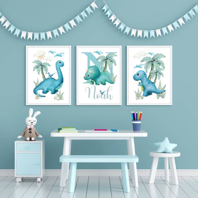 Personalised Dinosaur Nursery Prints Set Of 3, Boys Bedroom Decor - image 1