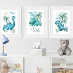 Personalised Dinosaur Nursery Prints Set Of 3, Boys Bedroom Decor - thumbnail 2