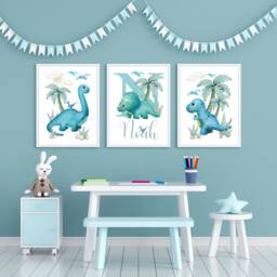 Personalised Dinosaur Nursery Prints Set Of 3, Boys Bedroom Decor - thumbnail 1
