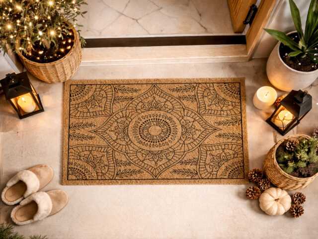 Mandala Welcome Mat - Boho Entry Rug Floral Coir Doormat - image 1