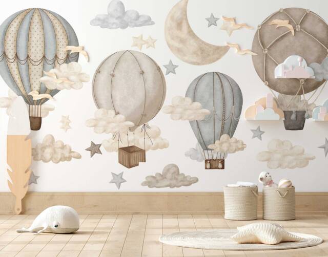 Hot Air Balloon Wall Decals Neutral Star Stickers, Kids Room Decor - image 1