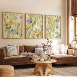 Watercolor Floral Print Set, Yellow & Blue Botanical Wall Art - thumbnail 3