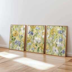 Watercolor Floral Print Set, Yellow & Blue Botanical Wall Art - thumbnail 1