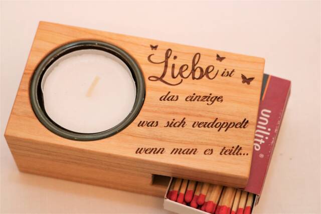 Tealight Holder With Match & Saying Engraved, Valentine's Day, Anniversary, Birthday, Love - image 1