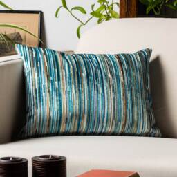 Luxury Velour Stripe Xl Rectangular Cushion. Teal Blue Supersoft Luxurious Velvet Chenille Geometric Abstract Striped Design. 23X15