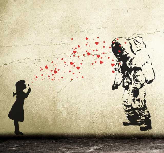 Wall Decal Astronaut's Daughter Heart Bubble Girl, Banksy Style Sticker Graffiti, Spaceman Street Art Sticker, Outer Space Interior - image 1