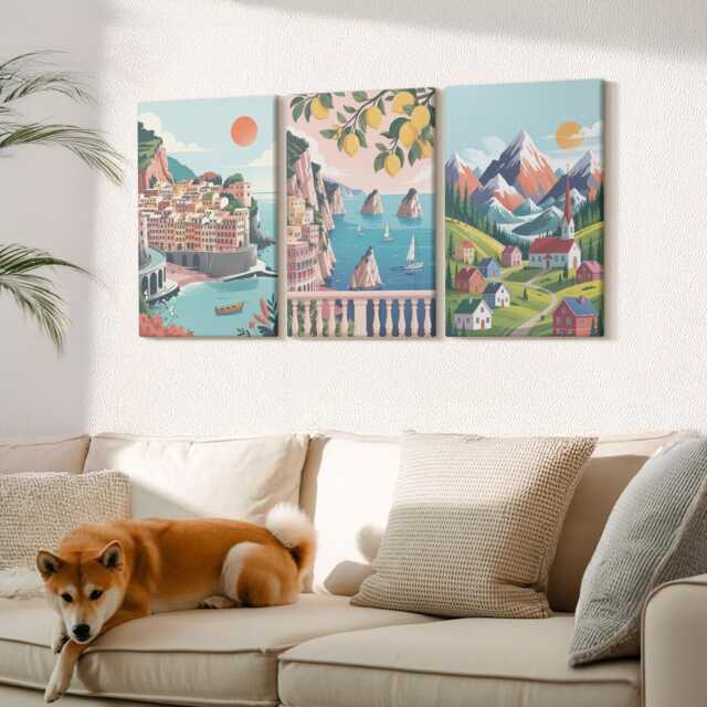 Canvas Set Of 3 Wall Art - Colorful Mountain Landscapes & Seaside Cities, Turquoise Photo Print, Hanging Piece - image 1