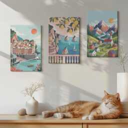 Canvas Set Of 3 Wall Art - Colorful Mountain Landscapes & Seaside Cities, Turquoise Photo Print, Hanging Piece - thumbnail 3
