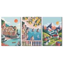 Canvas Set Of 3 Wall Art - Colorful Mountain Landscapes & Seaside Cities, Turquoise Photo Print, Hanging Piece - thumbnail 2