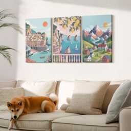 Canvas Set Of 3 Wall Art - Colorful Mountain Landscapes & Seaside Cities, Turquoise Photo Print, Hanging Piece
