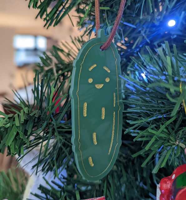Christmas Gherkin Hanging Decoration, Small Pickle Shaped Ornament, Mini Green & Gold Bauble, Kitsch Shiny Festive Novelty - image 1