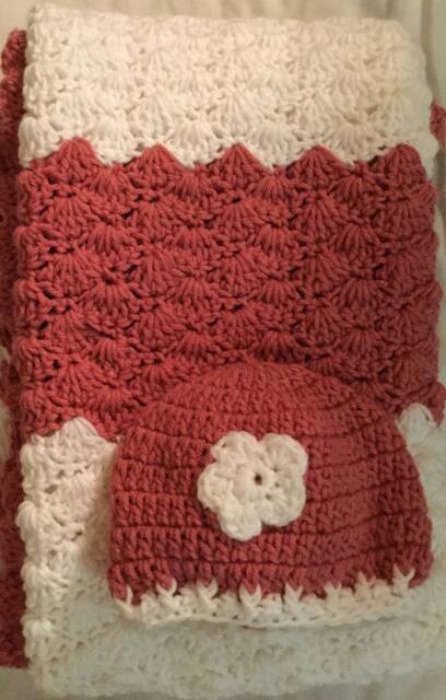 Crocheted Baby Blanket/-Travel/Stroller/Crib/Car Seat/White & Rose Shell Stitched With A White Hat Flower Applique - image 1