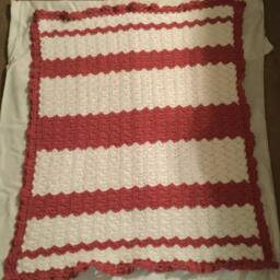 Crocheted Baby Blanket/-Travel/Stroller/Crib/Car Seat/White & Rose Shell Stitched With A White Hat Flower Applique - thumbnail 2