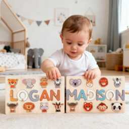 Personalized Handmade Baby Name Puzzle, Animal Puzzle Toy, Custom Early Learning Busy Board, Toddler Gifts For Baby, 1st Birthday Gift - thumbnail 2
