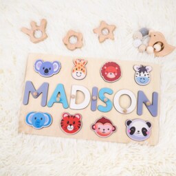 Personalized Handmade Baby Name Puzzle, Animal Puzzle Toy, Custom Early Learning Busy Board, Toddler Gifts For Baby, 1st Birthday Gift - thumbnail 3