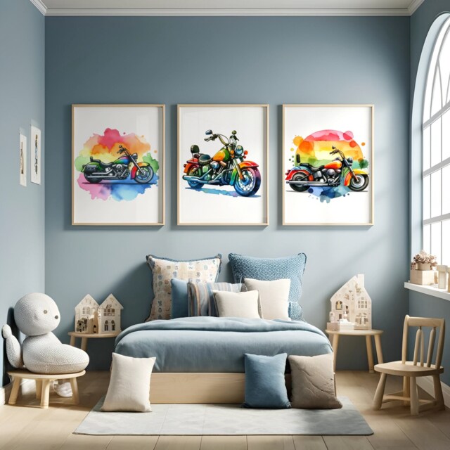 Colourful Motorbike Prints - Set Of 3 Posters - Watercolour Motorbiker Wall Art Boys Room Decor Kids Motor Bike Artwork Biking Gift - image 1