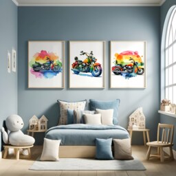 Colourful Motorbike Prints - Set Of 3 Posters - Watercolour Motorbiker Wall Art Boys Room Decor Kids Motor Bike Artwork Biking Gift - thumbnail 1