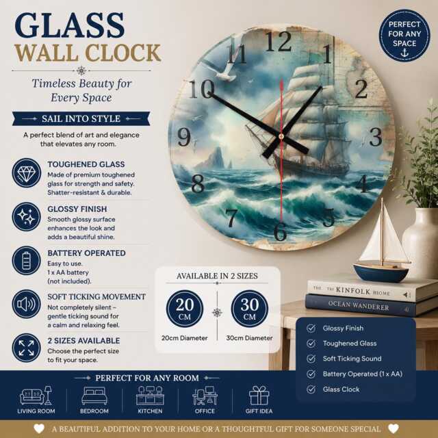 Pirate Map Glass Wall Clock Nautical Sailing Ship Home Decor - image 1