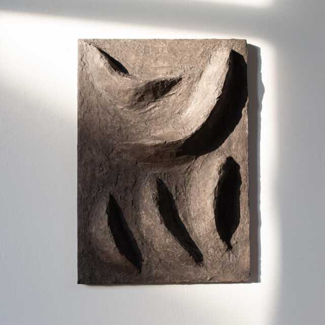 Wabi Sabi Wall Art, Plaster Sculpture, Charcoal Black Japandi Artwork, Biomorphic Hanging, Textured Dark Relief - image 1