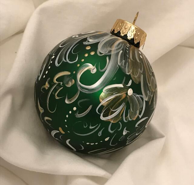 Hand Painted Ornament Cascading Gold Flowers On Dark Matte Green, Norwegian Folk Art - image 1