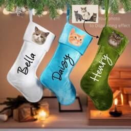 Cat Christmas Velvet Stockings, Personalized Custom Stocking, Christmas Decoration For Family, Pet - thumbnail 1