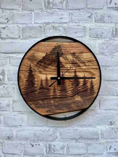 Mountains Wall Clock, Pine Trees Carved Wood Clocks, Round Metal, Live Edge Forest Themed Woodsy Decor, Mountain Lovers Gift - image 1