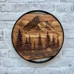 Mountains Wall Clock, Pine Trees Carved Wood Clocks, Round Metal, Live Edge Forest Themed Woodsy Decor, Mountain Lovers Gift - thumbnail 3