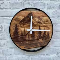 Mountains Wall Clock, Pine Trees Carved Wood Clocks, Round Metal, Live Edge Forest Themed Woodsy Decor, Mountain Lovers Gift - thumbnail 2
