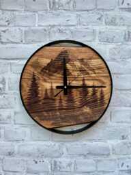 Mountains Wall Clock, Pine Trees Carved Wood Clocks, Round Metal, Live Edge Forest Themed Woodsy Decor, Mountain Lovers Gift