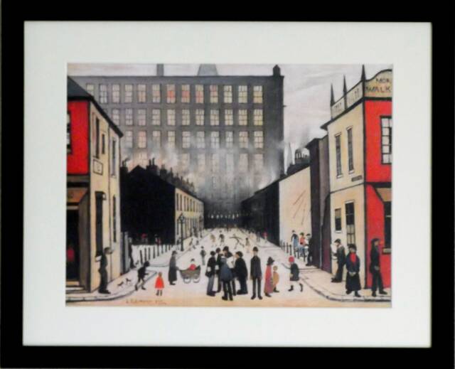 L S Lowry Art Print - Street Scene Pendlebury Satin Black Frame With White Mount & Textured Image - image 1
