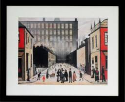 L S Lowry Art Print - Street Scene Pendlebury Satin Black Frame With White Mount & Textured Image - thumbnail 1