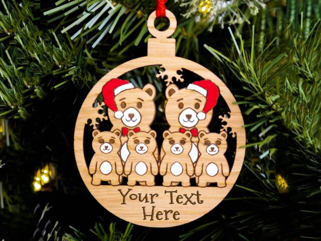 Same Sex Bear Family Christmas Tree Decoration, Personalised Wood Engraved Xmas Bauble, Stocking Stuffer, Gay Parents Men's Kids Of 6 - image 1
