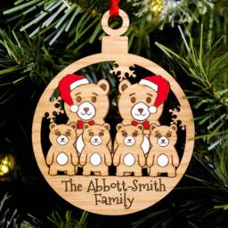Same Sex Bear Family Christmas Tree Decoration, Personalised Wood Engraved Xmas Bauble, Stocking Stuffer, Gay Parents Men's Kids Of 6 - thumbnail 3