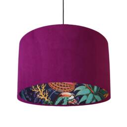 Plum Purple Velvet Lampshade With Tropical Wonderland Lining, Large Ceiling Lightshade