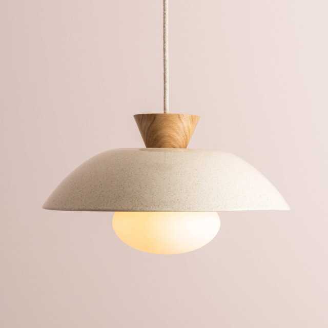 Speckled Cream Gloss Dawn Pendant Light in Ceramic & Oak - image 1