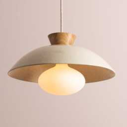 Speckled Cream Gloss Dawn Pendant Light in Ceramic & Oak - thumbnail 2