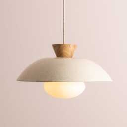 Speckled Cream Gloss Dawn Pendant Light in Ceramic & Oak - thumbnail 1