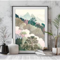 Set Of 3 Abstract Sage Pink Wall Art, Nature Landscape Triptych Watercolor Style Mountain Posters Giclee Print, Living Room Home Decor - thumbnail 3