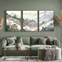 Set Of 3 Abstract Sage Pink Wall Art, Nature Landscape Triptych Watercolor Style Mountain Posters Giclee Print, Living Room Home Decor - thumbnail 1
