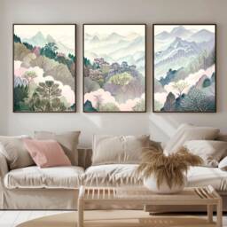 Set Of 3 Abstract Sage Pink Wall Art, Nature Landscape Triptych Watercolor Style Mountain Posters Giclee Print, Living Room Home Decor - thumbnail 2